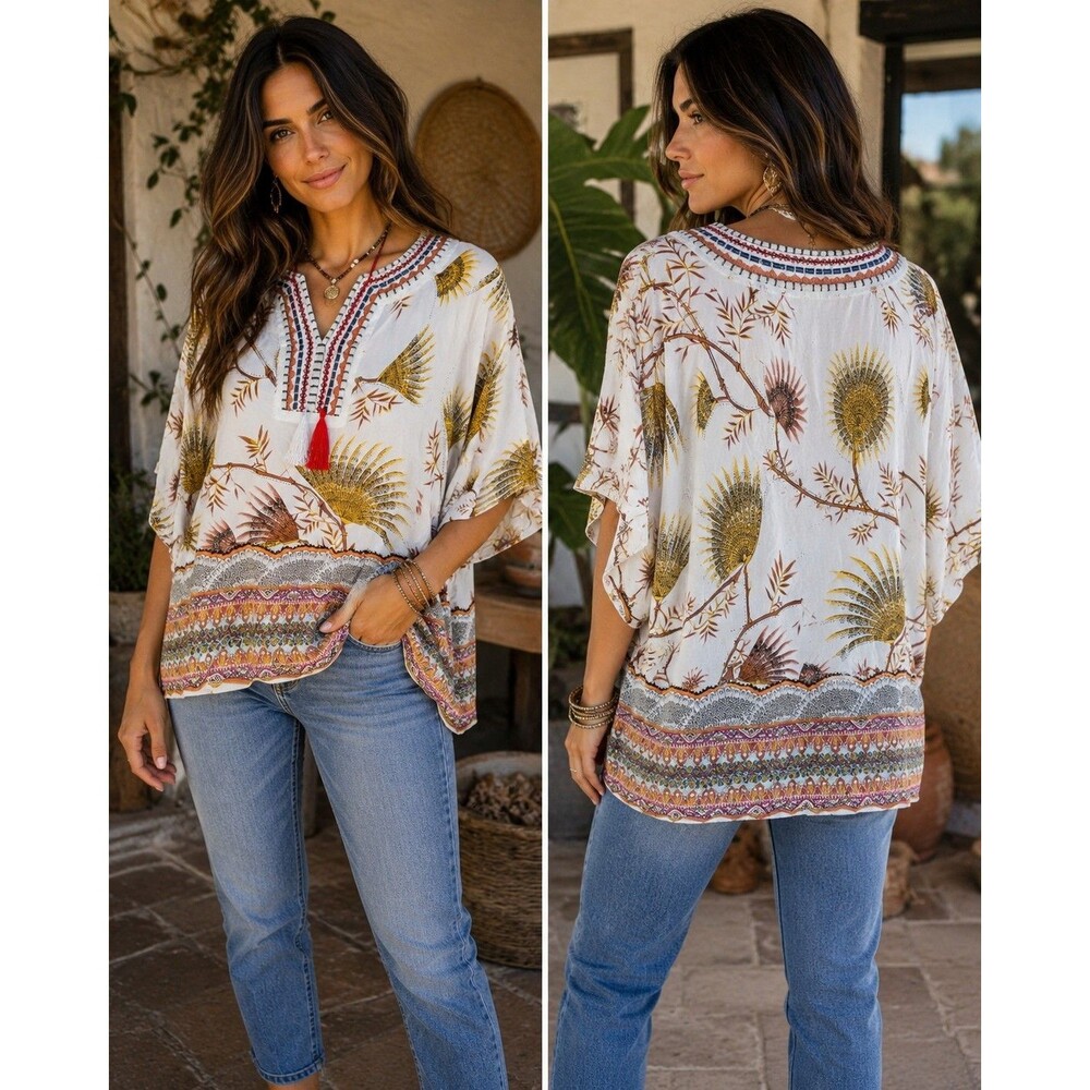Wayan Natural Wear Women's White Gauzy Tunic Floral Embroidered Hippie Boho OSFA